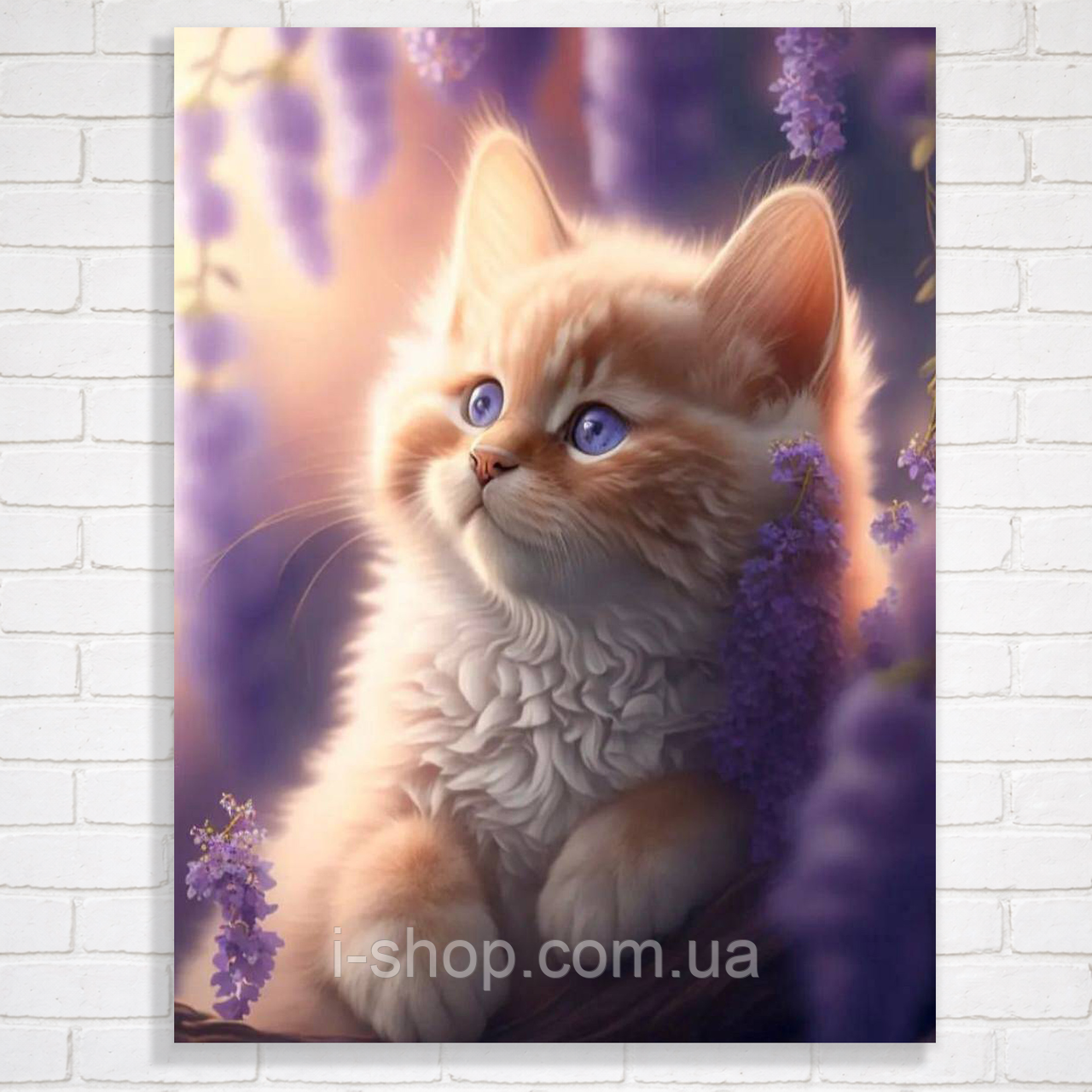Алмазна мозаїка котик у фіолетових квітах 30x40 см з рамкою набір для творчості Dreamtoys у коробці, фото 1