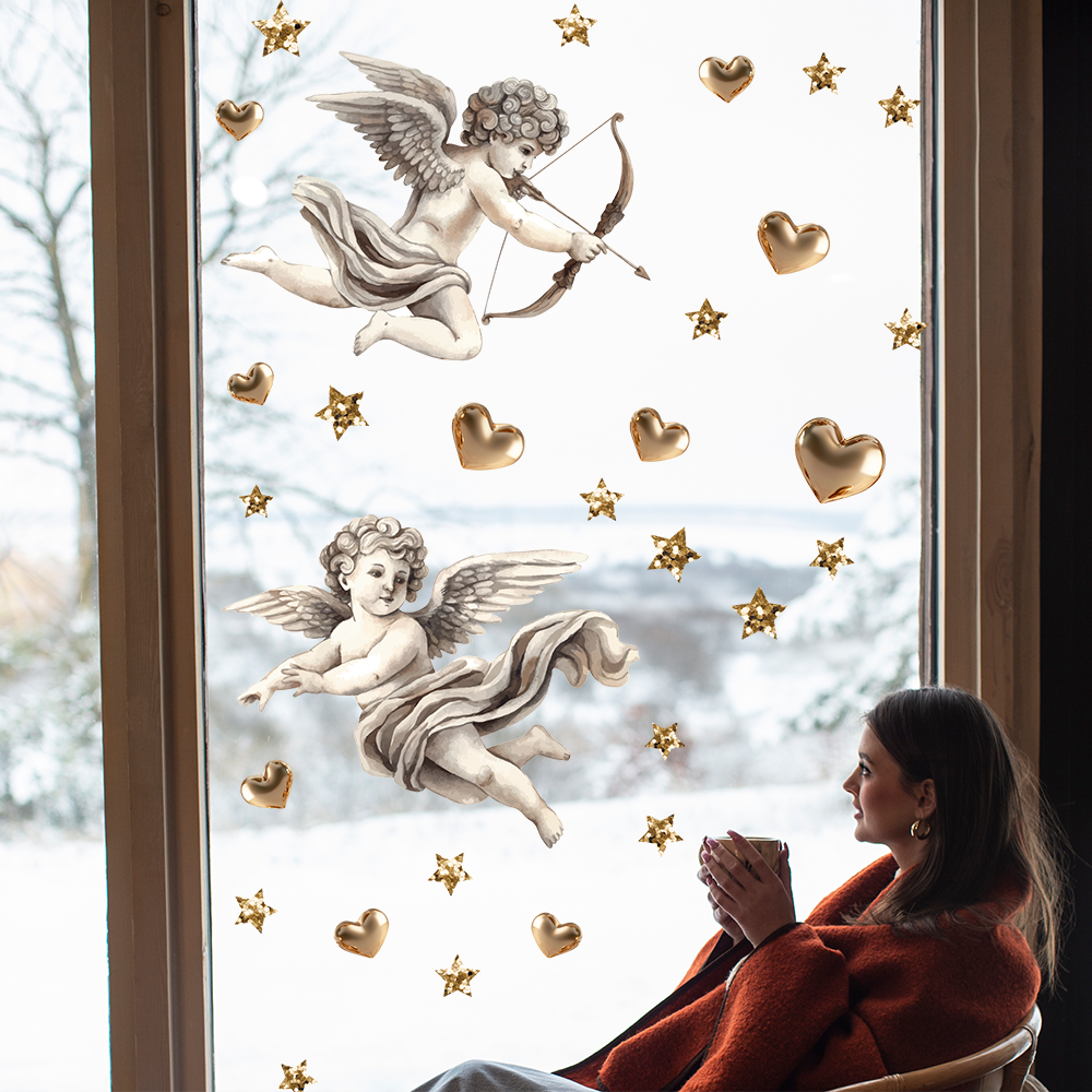 Наклейки на День Валентина Фарфорові купідони амури Золоті сердечка валентинки Набір M 1100х500 мм матові