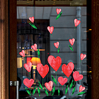 Наклейки на День Валентина Акварельні Сердечка Тюльпани квіти на вікна стіни Набір S 1100х200 мм матова