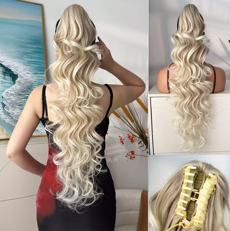 Накладний хвіст на крабі з утяжкою хвилястий шиньйон блонд з мікро міллеруванням 71 см, фото 1