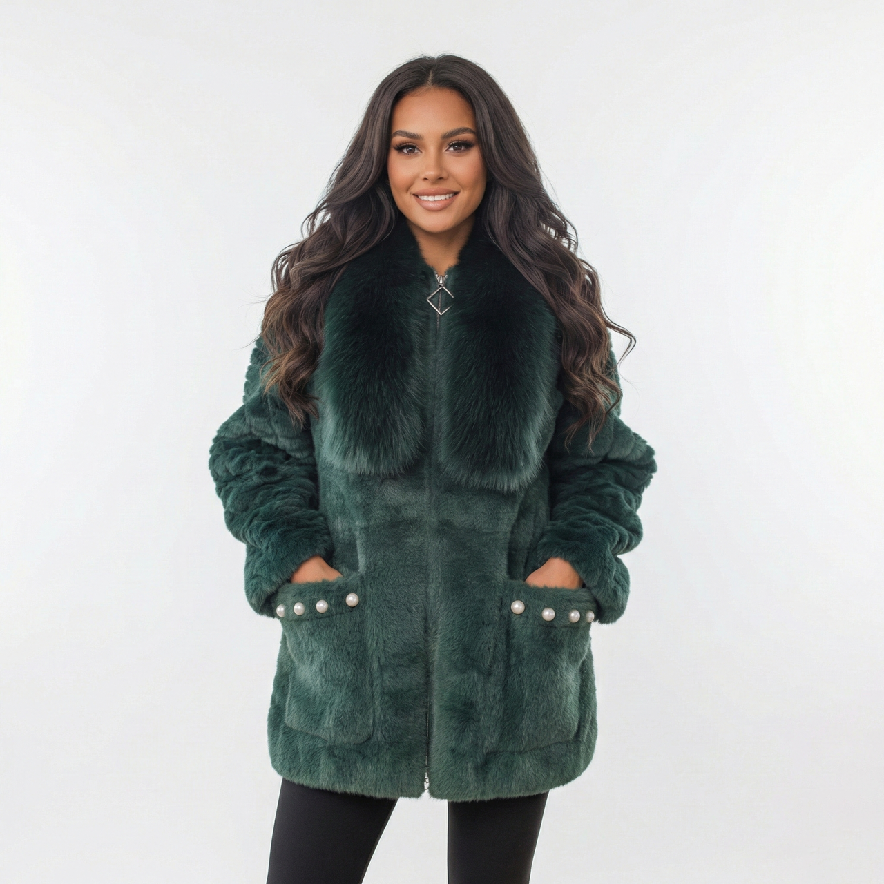 Жіноча кофта-альпака на блискавці з хутряним коміром Смарагдова (50-54) теплий кардиган, фото 1