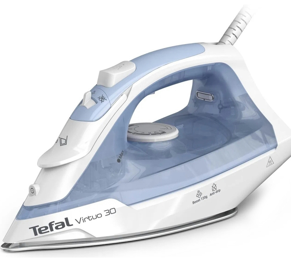 Праска Tefal Virtuo, синій, 2000W, кераміка, паровий удар, резервур 240мл, захист від накипу, вертикальне відпарювання, ручне, фото 1