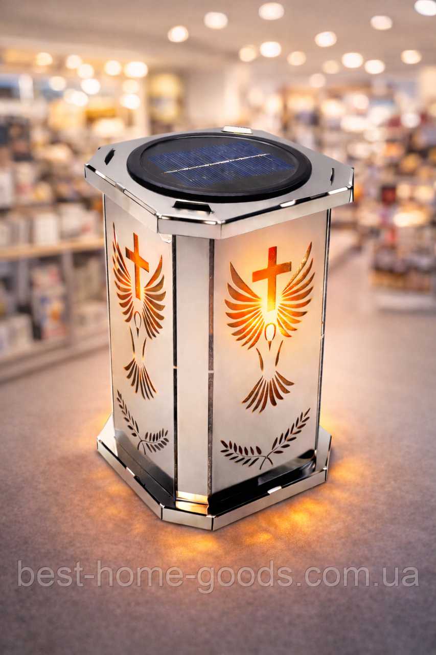 Лампадка на сонячній батареї металева срібляста | LED імітація полумʼя | висота 22 см | Польща, фото 1