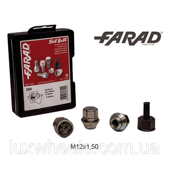 FARAD STIL BULL | Гайки секретки М12x1.5x30мм Конус Кільце, що обертається Ключ 19 + сталеві ковпачки (Ford), фото 1