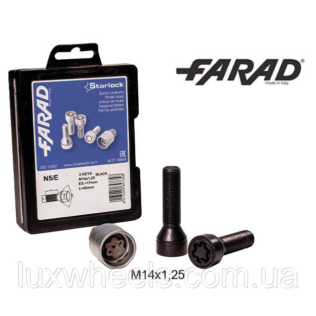 FARAD STARLOCK | Болти секретки М14х1.25х45мм Конус Чорні Кільце, що обертається Ключ 17 (BMW, MINI) під проставки 15-20мм +, фото 1
