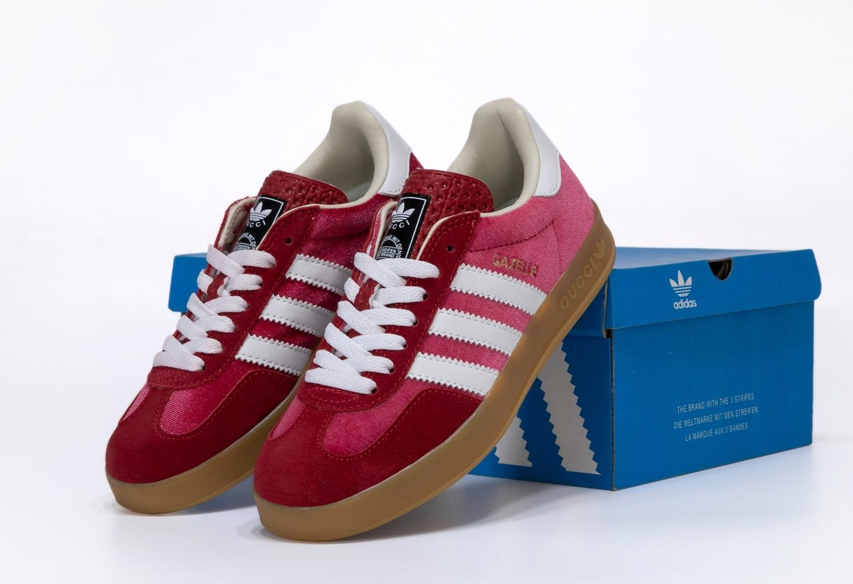 Жіночі кросівки Gucci x Adidas Gazelle Pink White бордово-білі Кеди Гучі Адідас Газель на платформі текстильні весна літо, фото 1