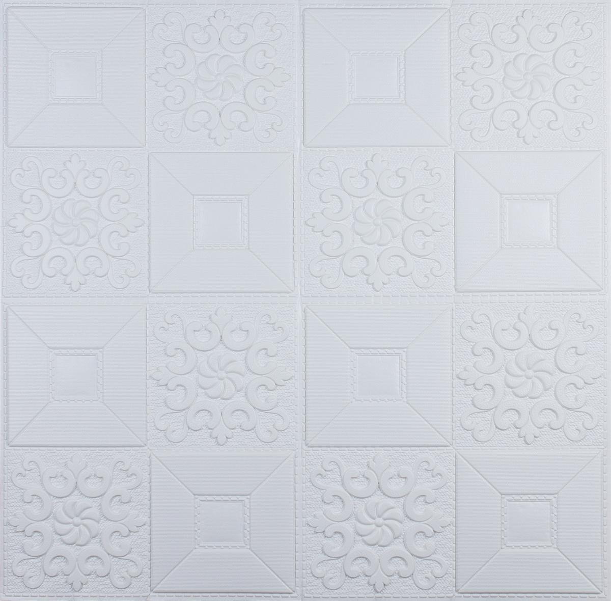Декоративна самоклеюча 3D панель 700x700x3мм стельова наклейка ПВХ білий орнамент
