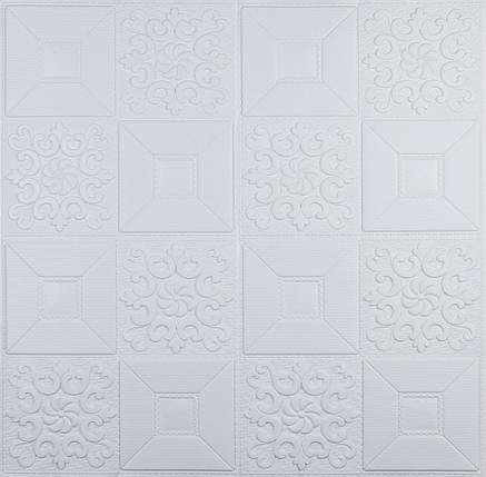Декоративна самоклеюча 3D панель 700x700x3мм стельова наклейка ПВХ білий орнамент, фото 1