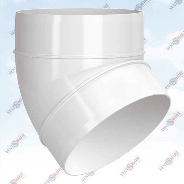 Внешний вид колена (отвода) 45 круглых пластиковых труб для вентиляции ПЛАСТИВЕНТ производства ВЕНТС (Украина). Колено воздуховода для вентиляции Пластивент изготовлены из пластика высокого качества, который не поддерживает горение, имеют гладкую внутреннюю поверхность, широкий диапазон температур эксплуатации ― от -30 до +70 град. Цельсия.