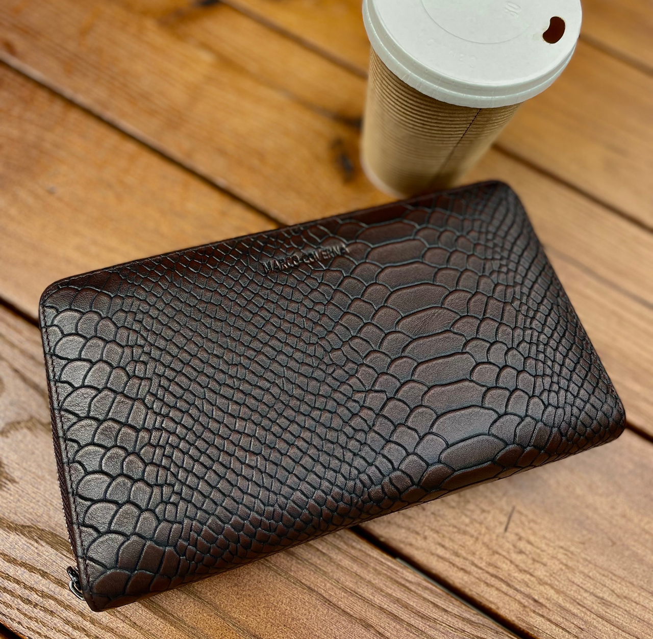 Коричневий гаманець-клатч на дві блискавки з блоком під картки із натуральної шкіри Marco Coverna MC086-5901С, фото 1