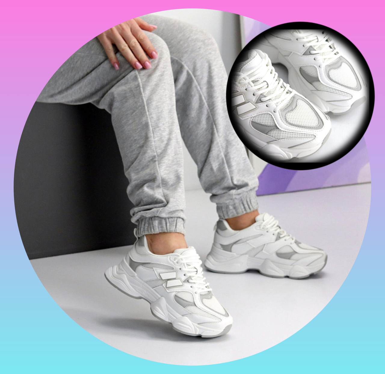 Жіночі білі кросівки спортивні шкіряні з сірими вставками для літа на середню стопу, фото 1