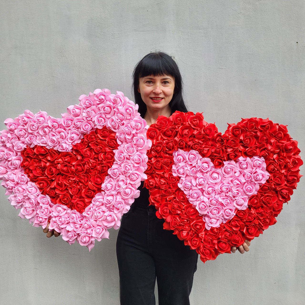 Набір з 2 декоративних сердець з троянд — рожево-червоне та червоно-рожеве, декор до Дня святого Валентина, фото 1