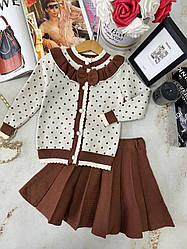 Комплект для дівчинки 2-а тепла кофта в горошок Біла + спідниця 6143, 111, XDY, Коричневий, Дівчинка, Зима, 98
