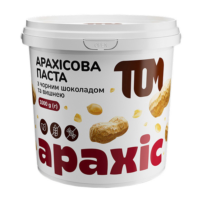 TOM peanut butter Арахісова Паста (1 kg, з чорним шоколадом та вишнею), фото 1