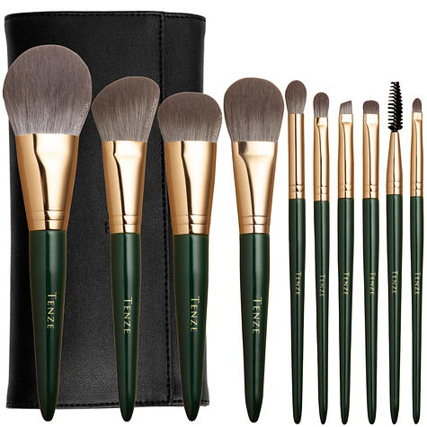 Набір із 10 пензлів для макіяжу з чохлом Tenze Emerald Collection «Basic+»
