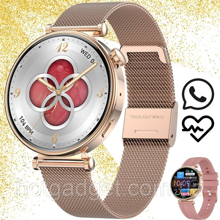 Смарт годинник жіночий Lemfo HK 41 Gold (дзвінки, пульсометр, оксиметр) 2 ремінці, Amoled екран, фото 1