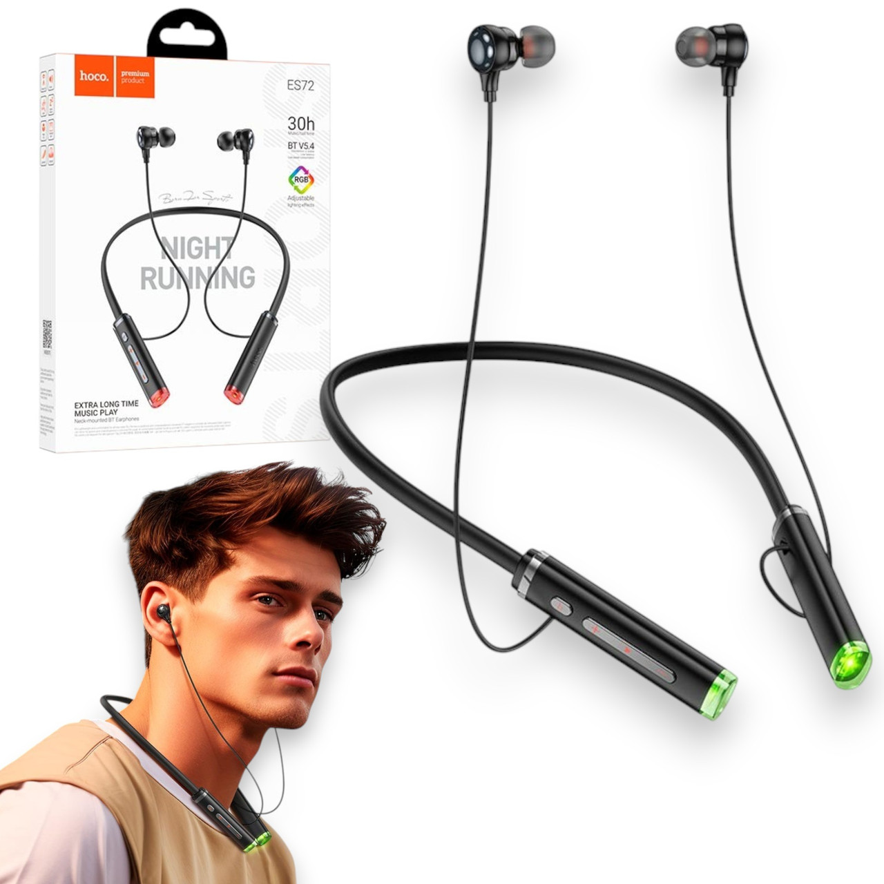 Безпровідні навушники HOCO ES72 з мікрофоном на шию, Bluetooth 5.4, 30 год роботи, RGB підсвітка, Neckband Black, фото 1