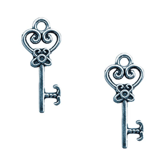 Набір 2 шт Підвіски 20х9 мм Отвір 1,6 мм, Кулони Ключі, Колір Срібний, Рукоділля для Біжутерії, фото 1