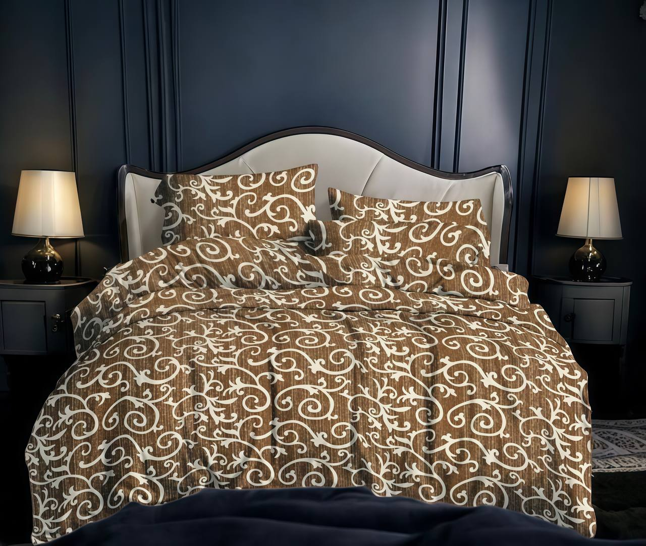 Євро (Поліестер) | Комплект постільної білизни "Вензель бежево-коричневий" | Простирадло 200х220 см, фото 1
