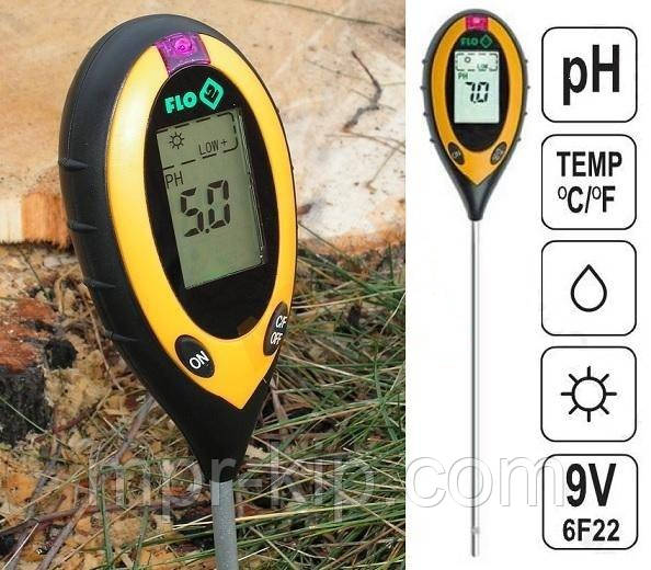 Професійний аналізатор ґрунту 4 в 1 FLO 89000, кислотність, вологість, освітленість, температура, Польща