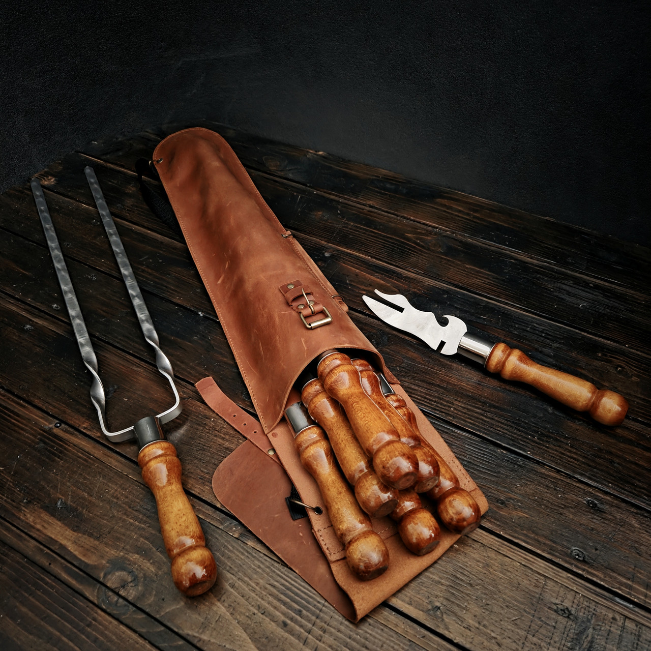 Набір шампурів у шкіряному чохлі "Кажан RED", фото 1