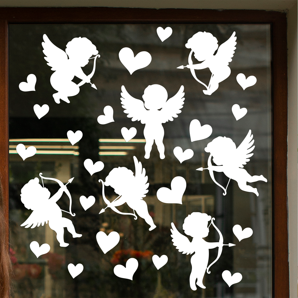 Вінілові наклейки на вікна Янголи Купідони серця Happy Pocket Набір M 100х50см матова білий HP-154M-010M