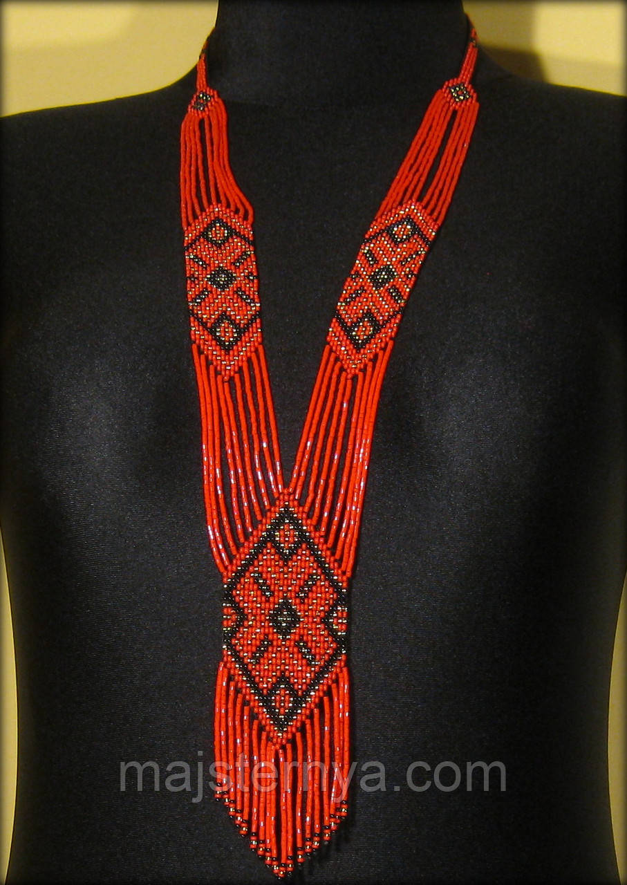 Гердан "Арійський", намисто з бісеру червоного (коралового), чорного та золотистого кольорів
