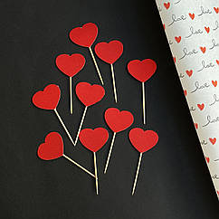 Набір топерів Сердечки червоні глітерні на шпажці, 10 шт