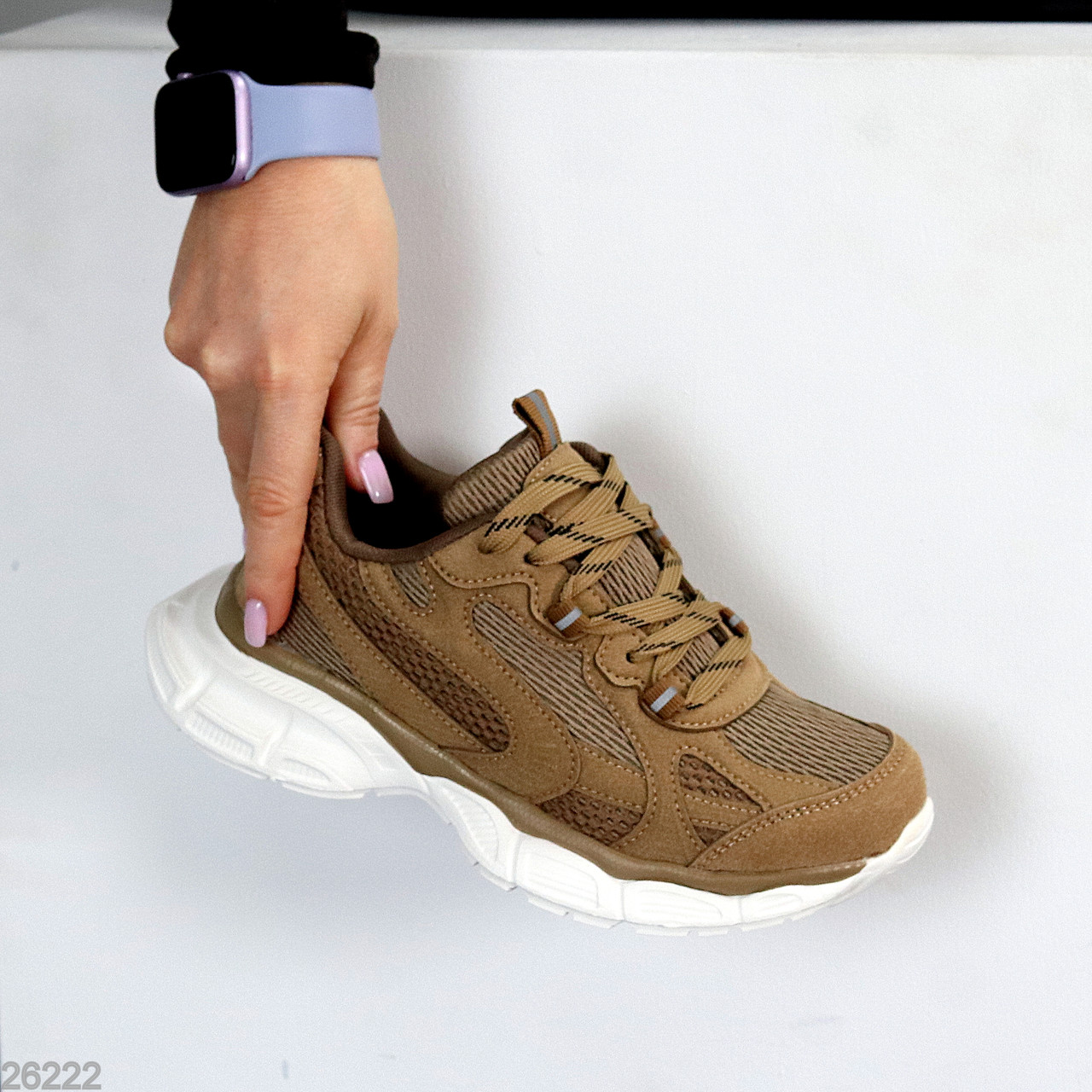 Легкі молодіжні бежеві комбіновані кросівки замша + сітка, фото 1