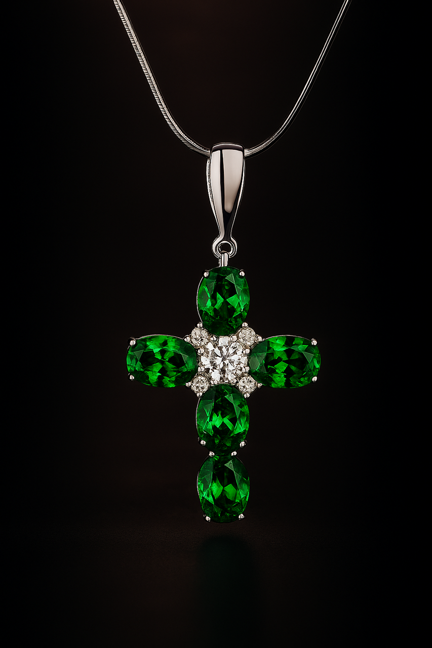 Елегантність і глибина — срібний хрестик з зеленим альпінітом і цирконієм, фото 1