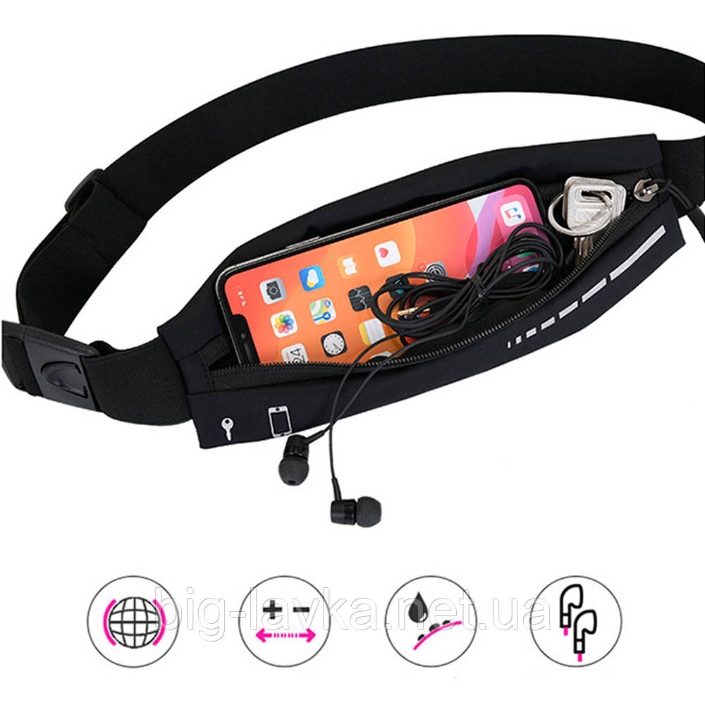 Спортивна поясна сумка-пояс зі світловідбиваючою смугою  Чорний, фото 1