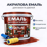 Акрилова емаль для вікон та дверей SkyLine Wood без запаху, з протигрибковим ефектом, червоно-коричнева, 5 л