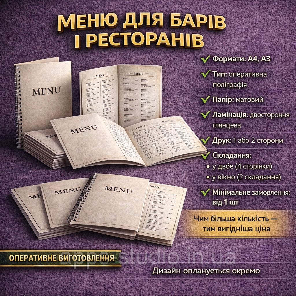 Меню для барів ресторанів