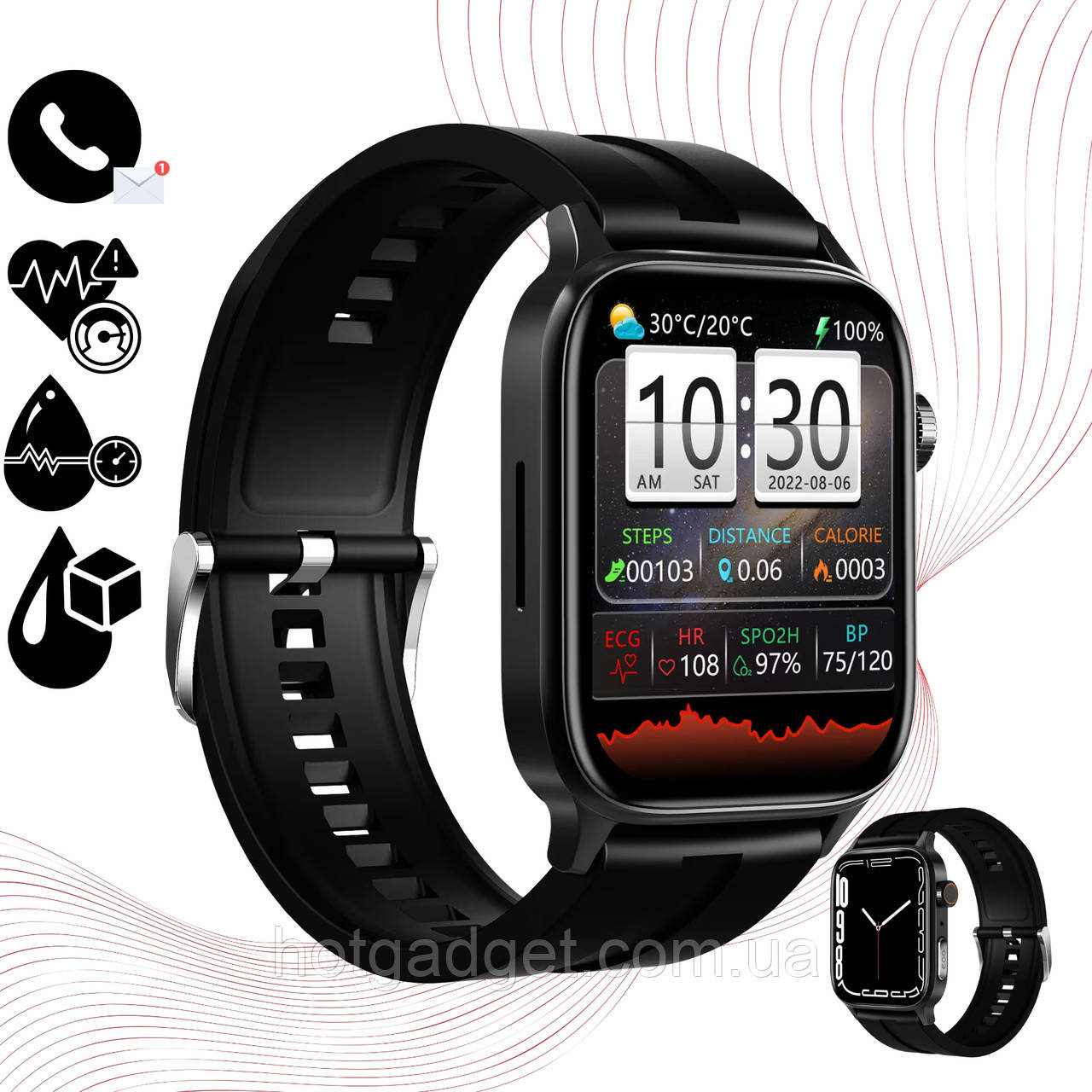 Смарт-годинник Lige GT22 Black (дзвінки, пульсоксиметр, тонометр, темп. тіла), фото 1