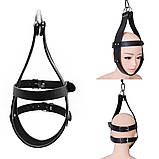 Фіксатор підвісна упряж для голови регулювальна шкіряна з кільцем для бондажу чорна, фото 3