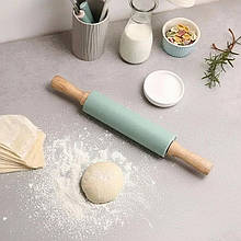 Силіконова качалка для розкочування тіста з дерев'яними ручками 38 см М'ятна
