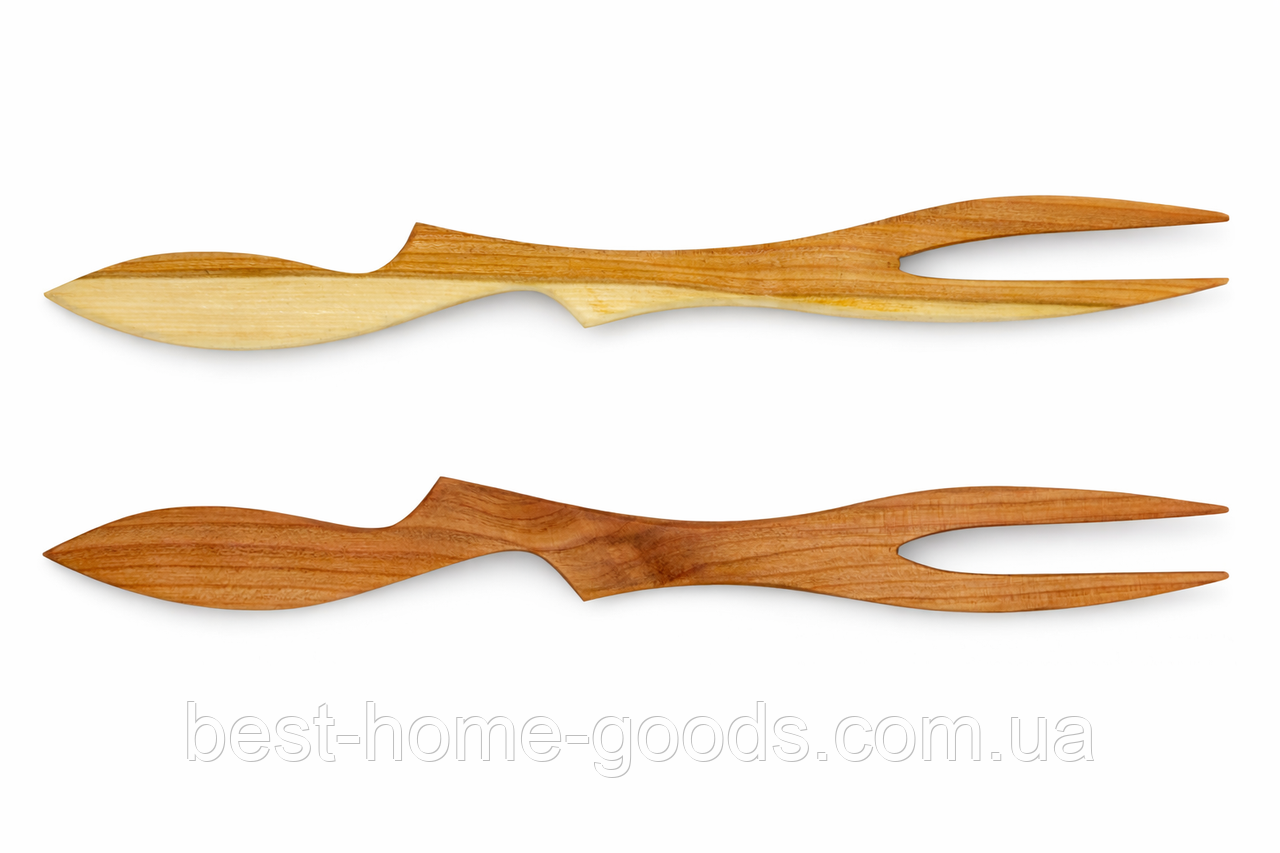 Виделка кухонна деревʼяна двозуба | черешня | 27×2,9×0,6 см | для мʼяса та продуктів, фото 1