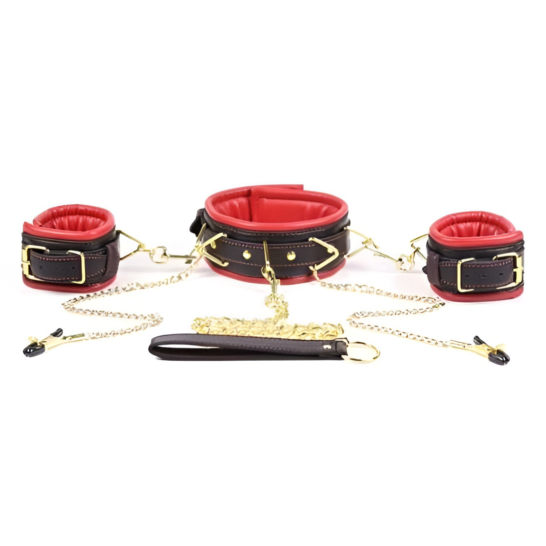 БДСМ-набір з нашийником, фіксаторами для рук, затискачами для сосків та повідцем на ланцюжку, фото 1