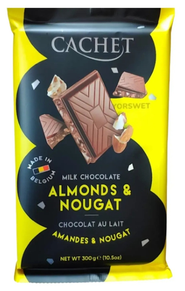 Шоколад Молочний Cachet Кашет 32% какао з Мигдалем та Нугою Milk Chocolate Almonds & Nougat 300 г Бельгія, фото 1