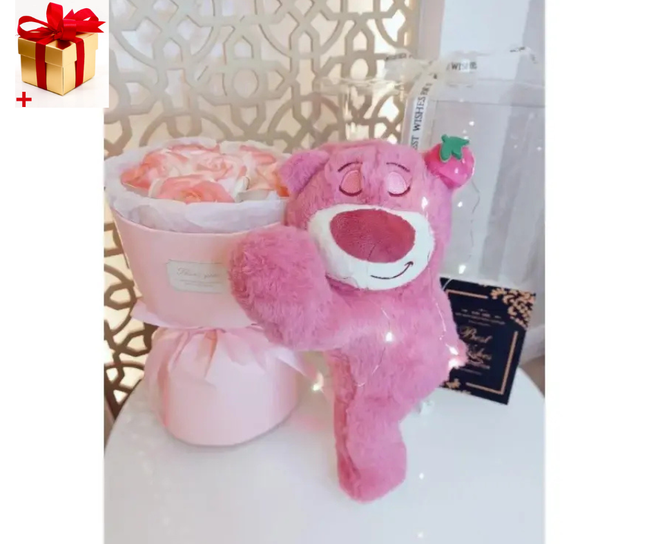 Подарунковий набір із мильних троянд у коробці з LED-підсвіткою Ведмедик з квітами KR-01-1 2 Рожевий, фото 1