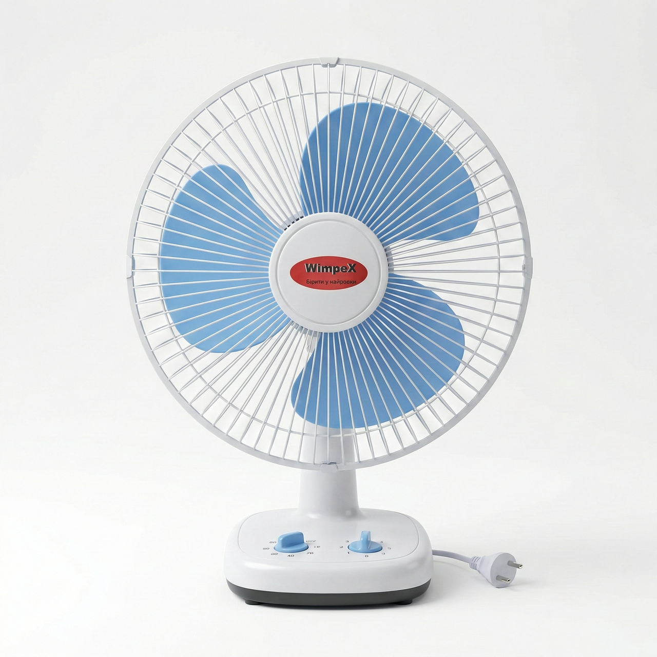 Настільний вентилятор Wimpex з таймером. Побутовий лопатевий вентилятор 3 швидкості (Біло-блакитний), фото 1