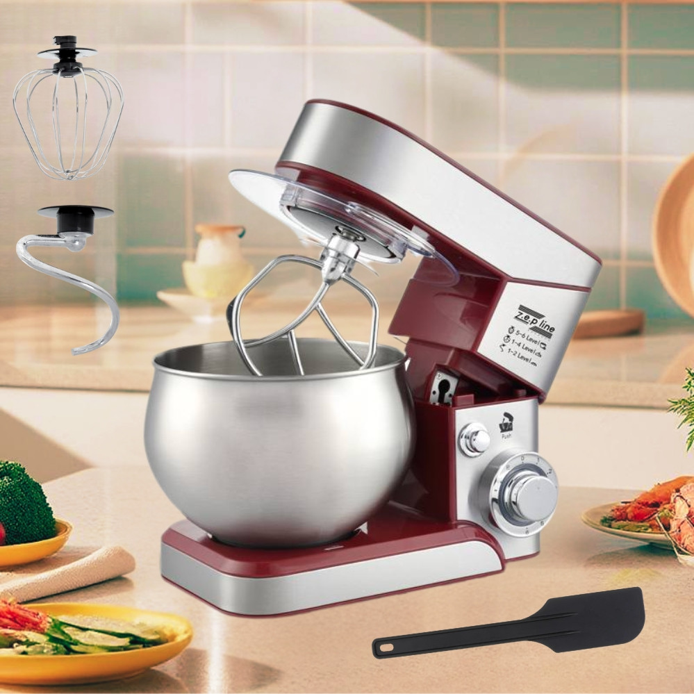 Кухонний тістоміс для дому Zepline ZP105 3500W багатофункціональний планетарний міксер з 3 насадками Червоний, фото 1