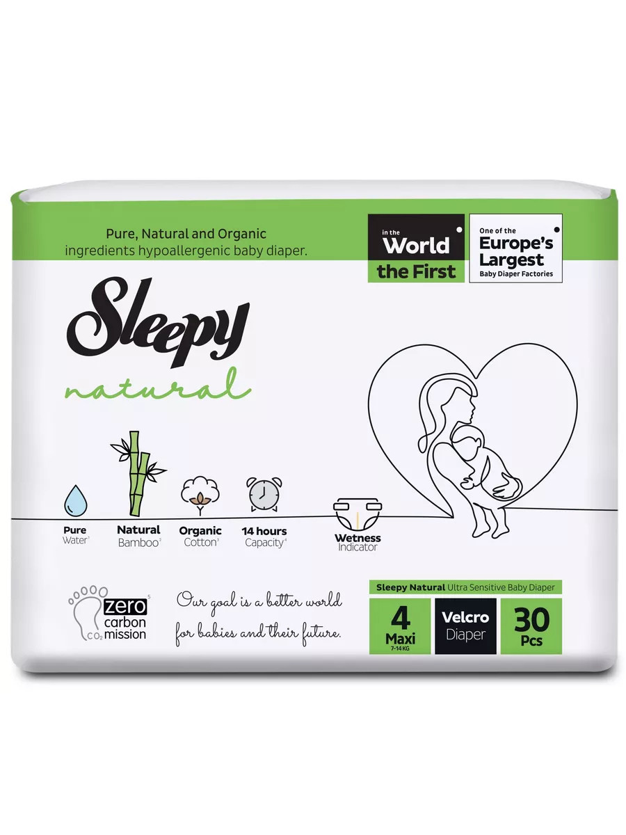 Підгузки дитячі Sleepy Natural maxi 4 (7-14 кг) 30 шт. натуральний склад, фото 1