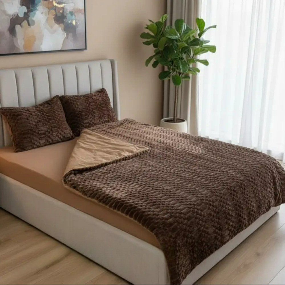 Постільна білизна Зима-Літо полуторна Рельєф коричневий Мікрофібра + Бязь, фото 1