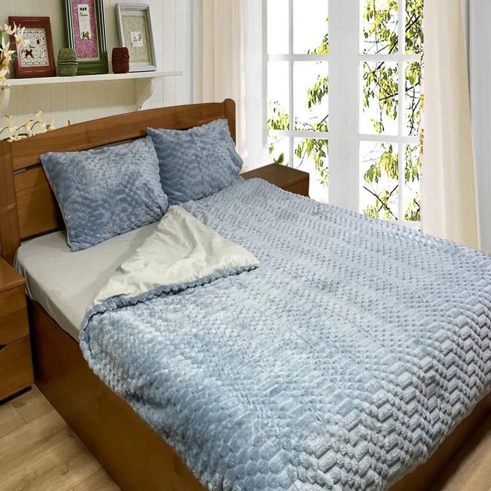 Постільна білизна Зима-Літо євро комплект Рельєф блакитний Мікрофібра + Бязь, фото 1