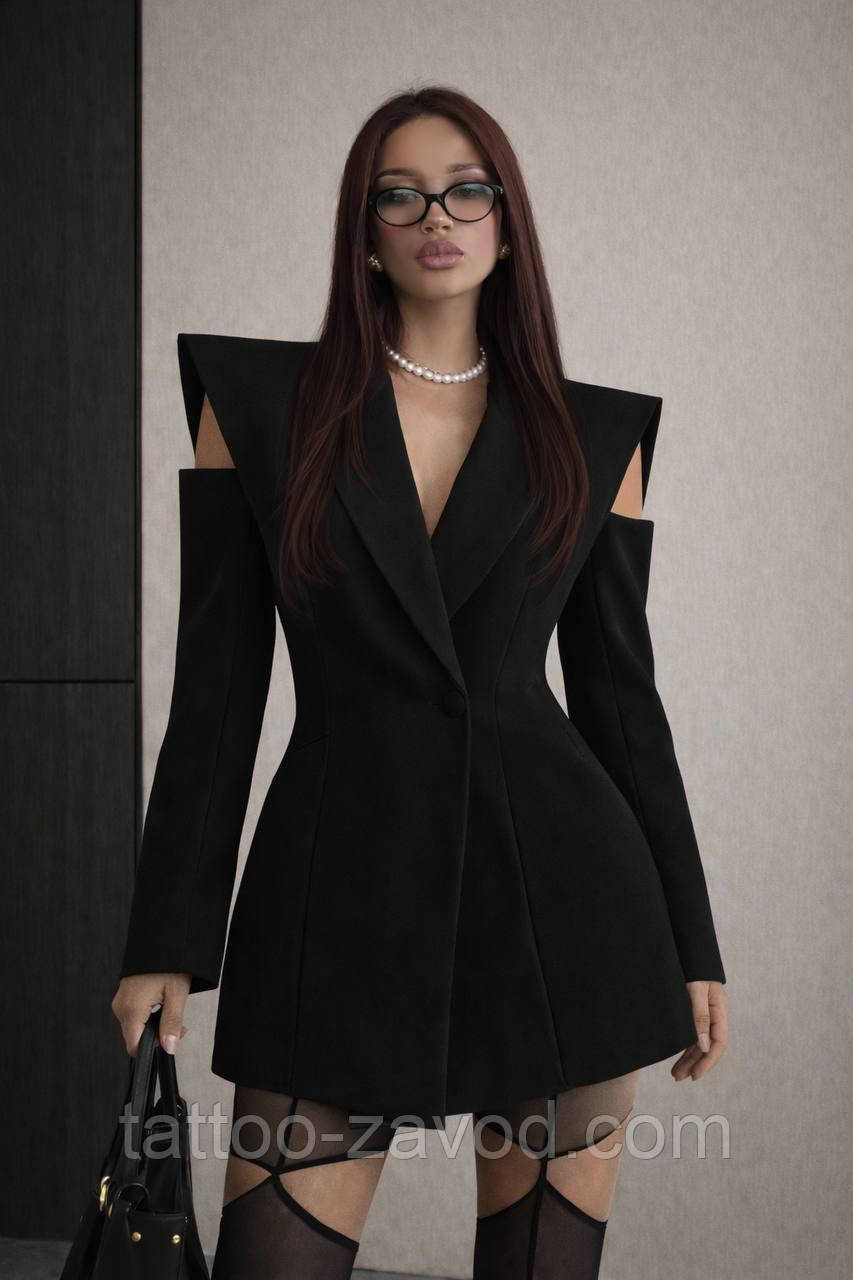 Піджак приталений на ґудзику жіночий на підкладці з вирізами на плечі 42-44 46-48 чорний, фото 1
