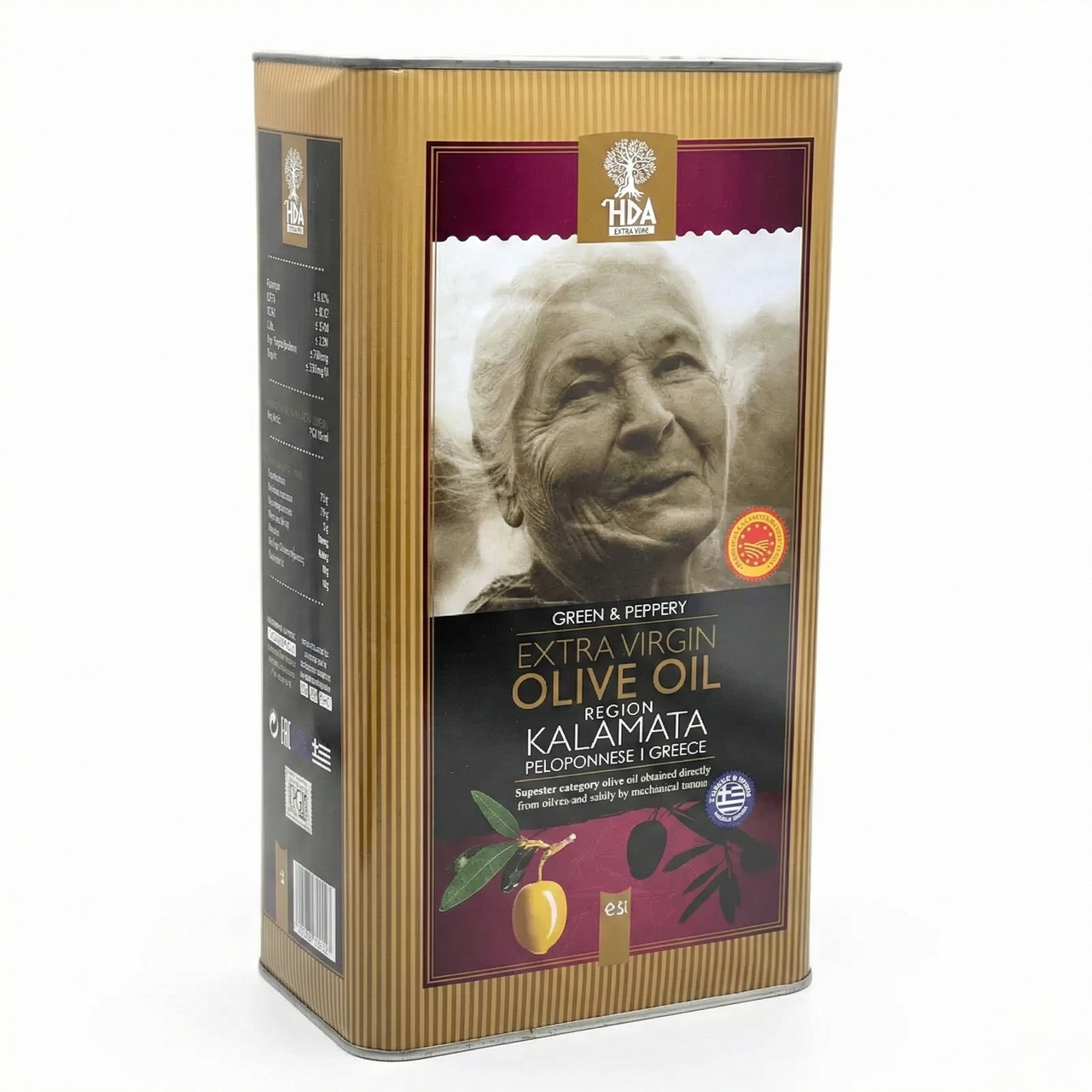 Оливкова олія Extra Virgin HDA Kalamata (Греція) 5 л. Олія холодного віджиму в жерстяній каністрі (P.D.O.), фото 1