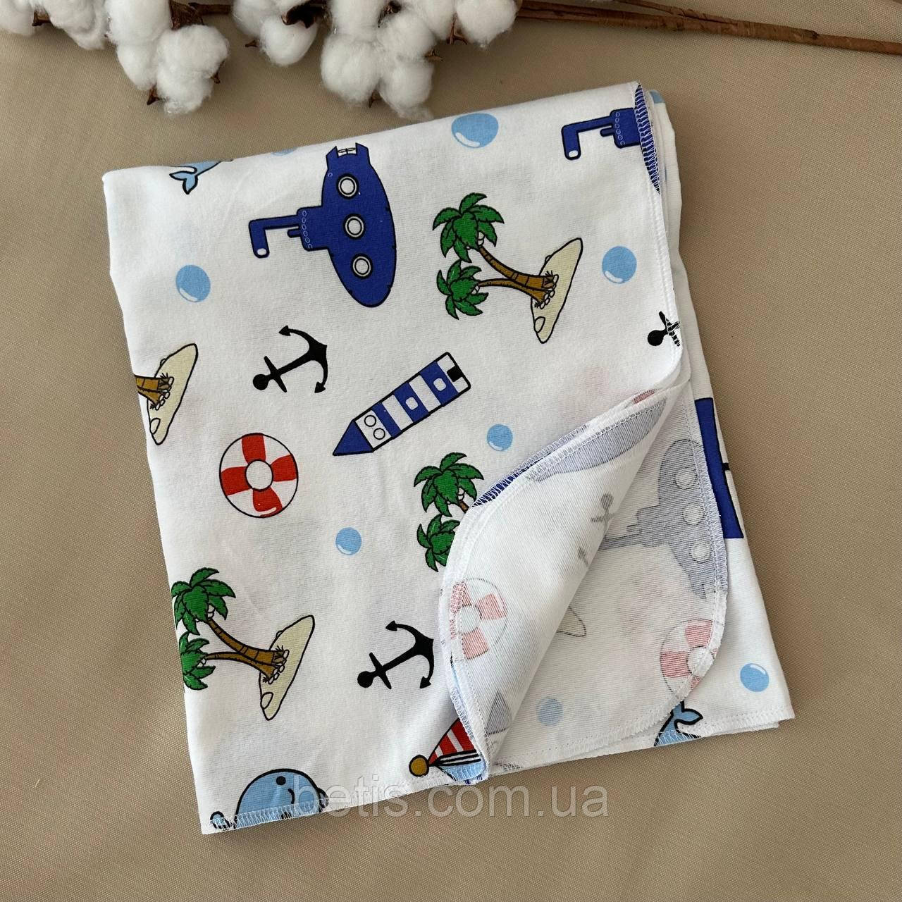 Пелюшка "Океан" Білий/блакитний Фланель арт.91450007  80*110 см.(р)