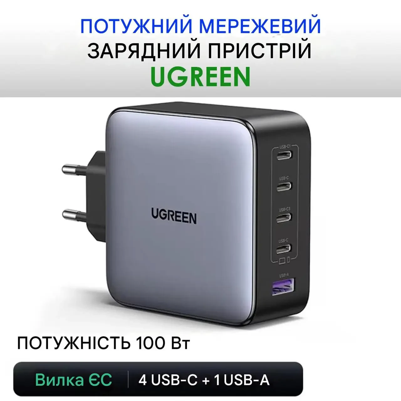 Зарядний пристрій UGREEN X563 GaN 100 Вт — 5 портів (4×USB-C + USB-A), швидка зарядка для MacBook/iPhone/Samsung, чорний, фото 1