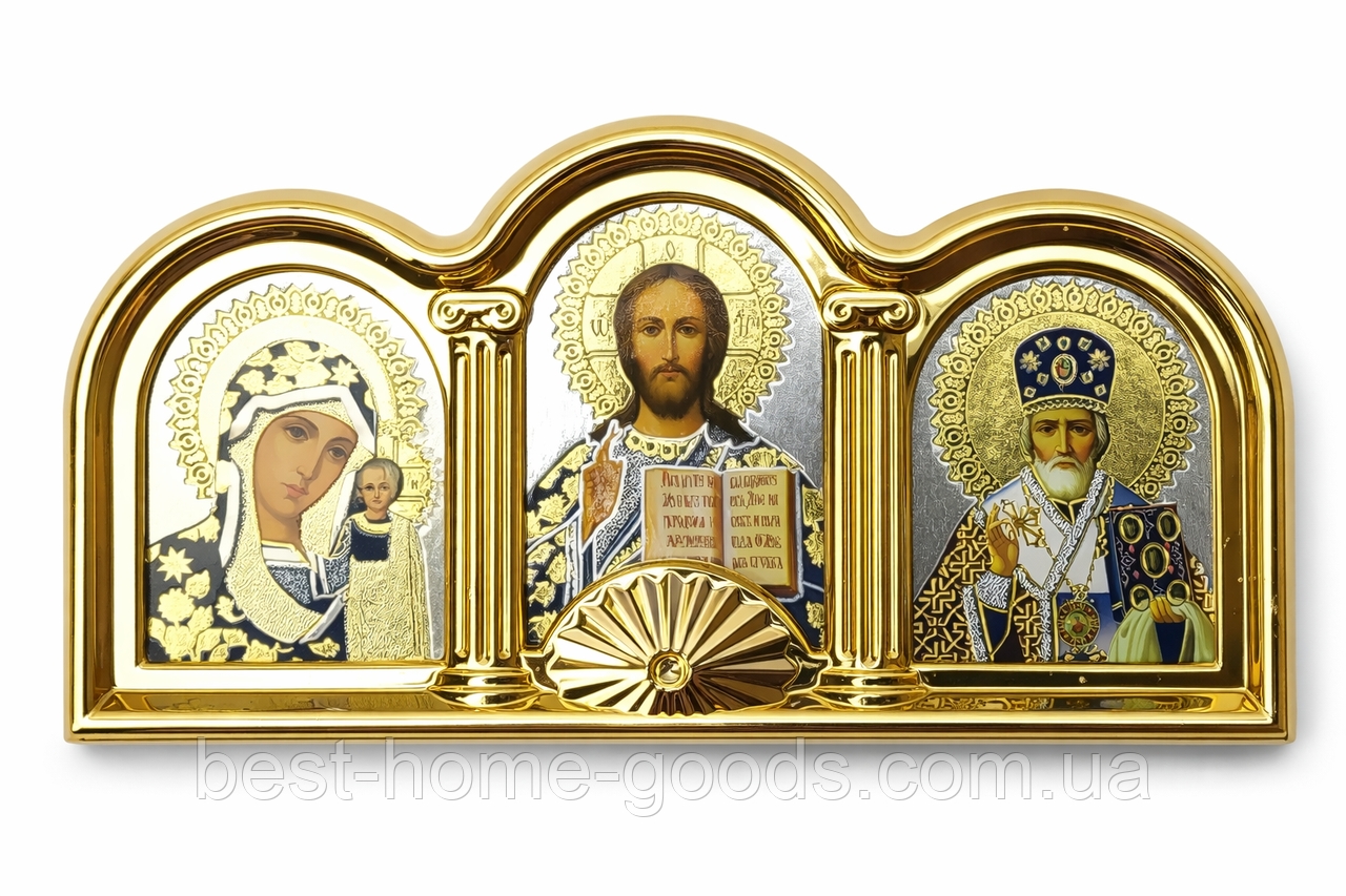 Ікона-оберіг зі Святими | Автомобільна ікона на липучці | Ісус Христос, Богородиця та Святий Миколай, фото 1
